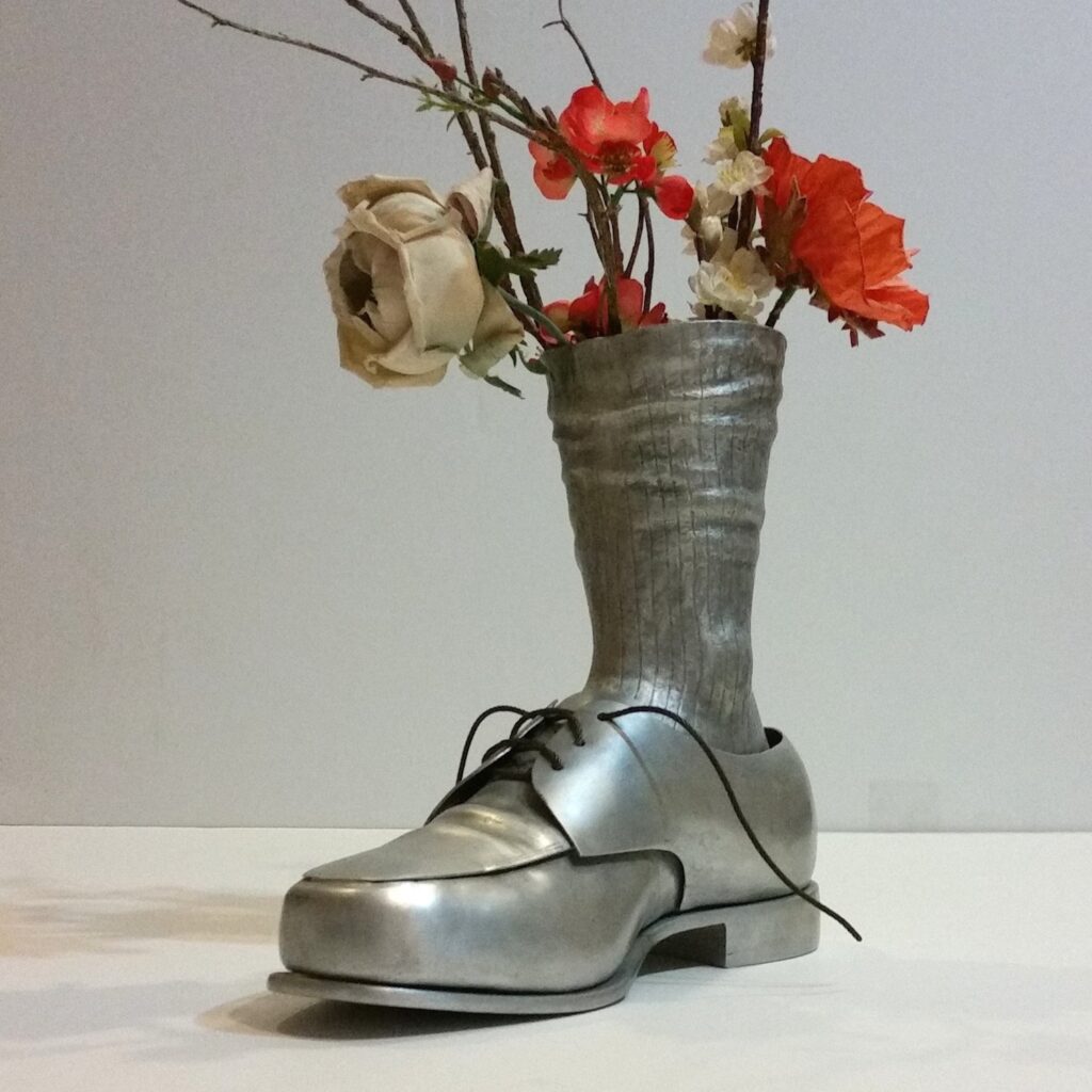 formed welded aluminum sculpture shoe flowers 2b