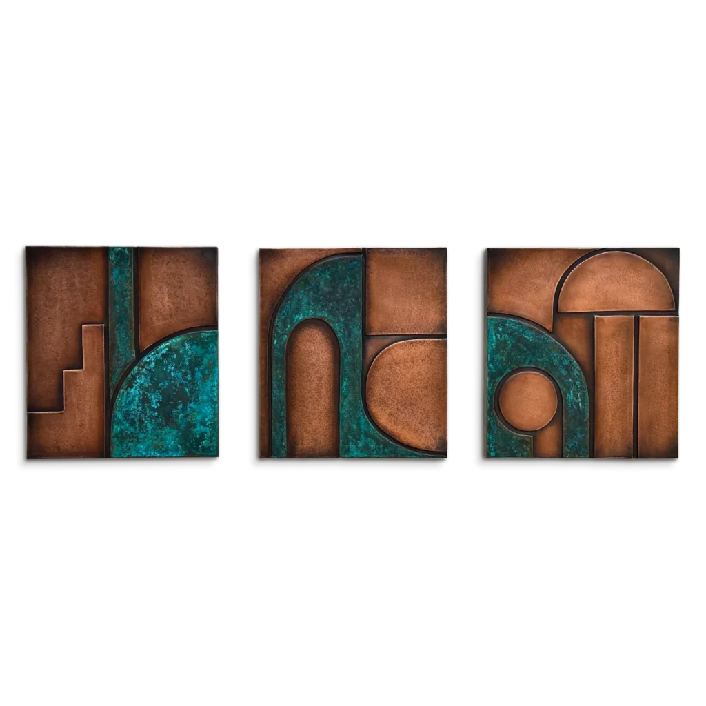Abstract Geometric Metal Wall Art 3 panel Sculpture copper