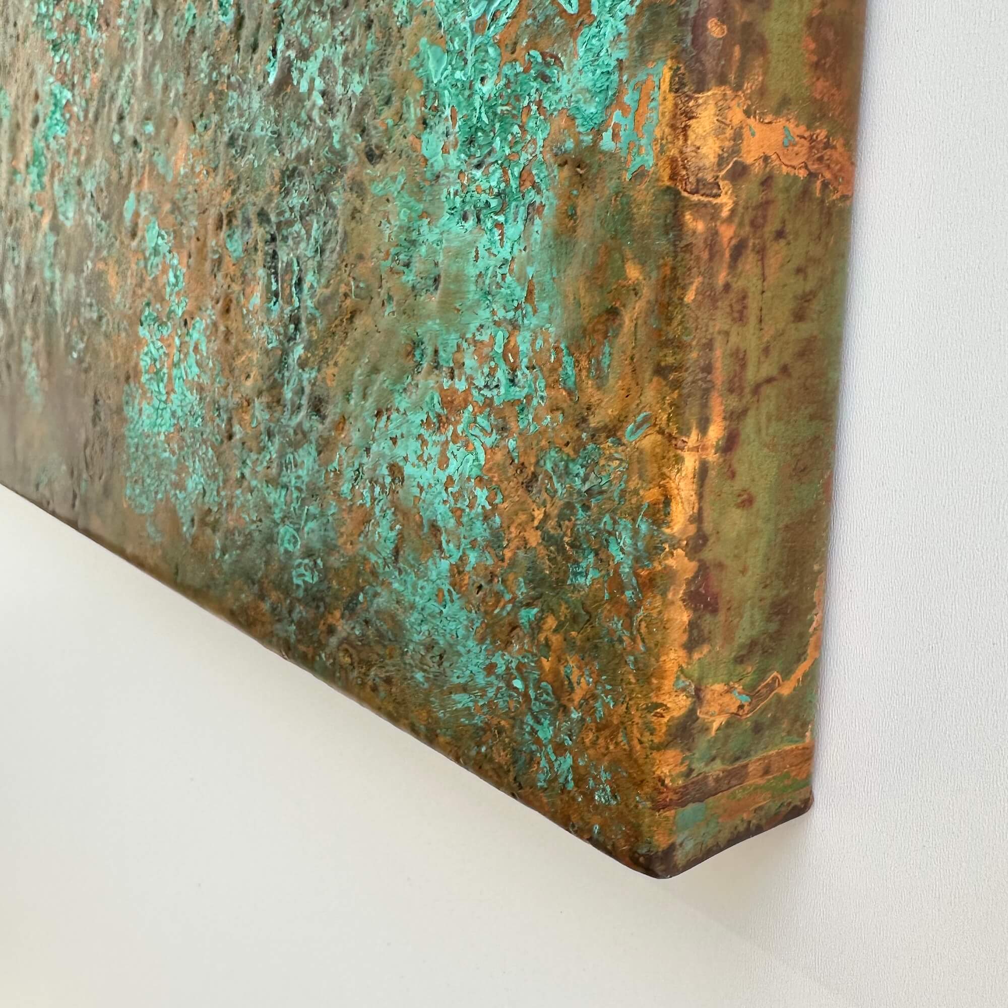 Textured green copper patina wall art sculpture close corner 3