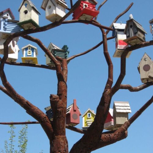Welded steel tree sculpture birdhouses square