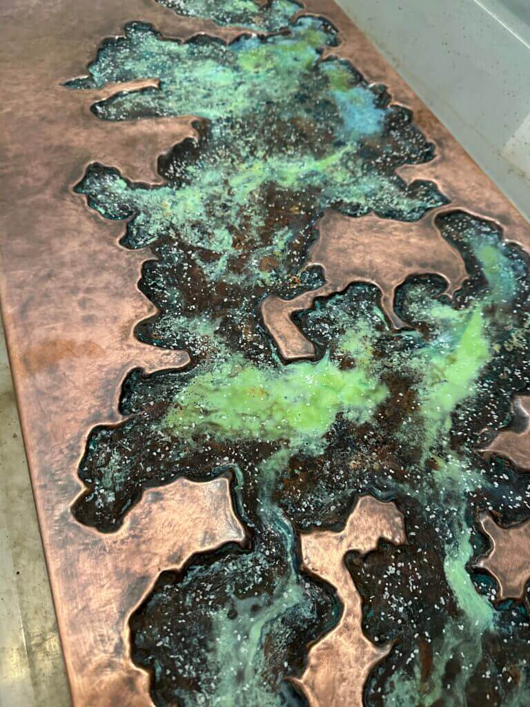 copper green patina in process geologic sculpture