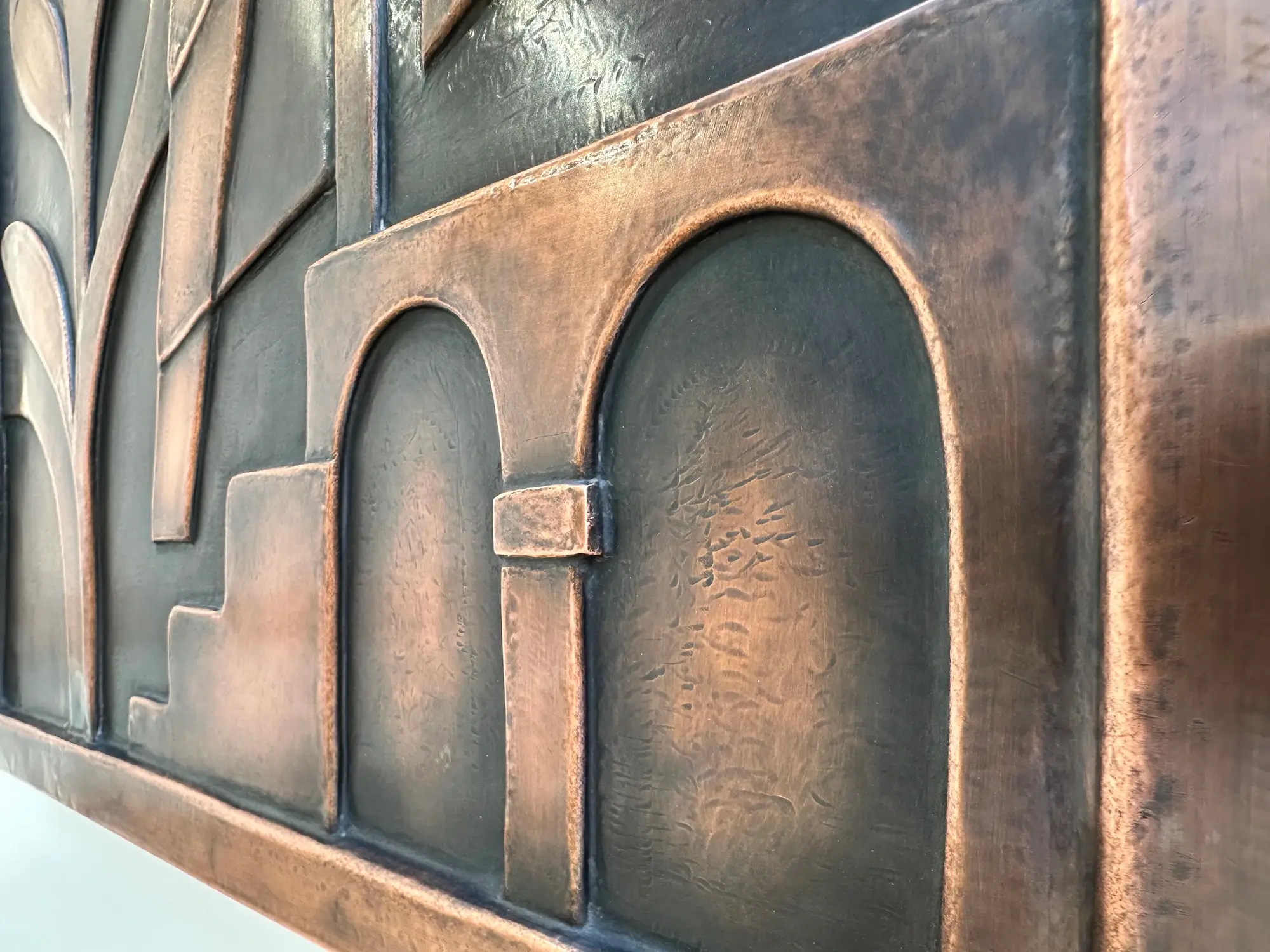 metal owl wall art sculpture close up angled bottom